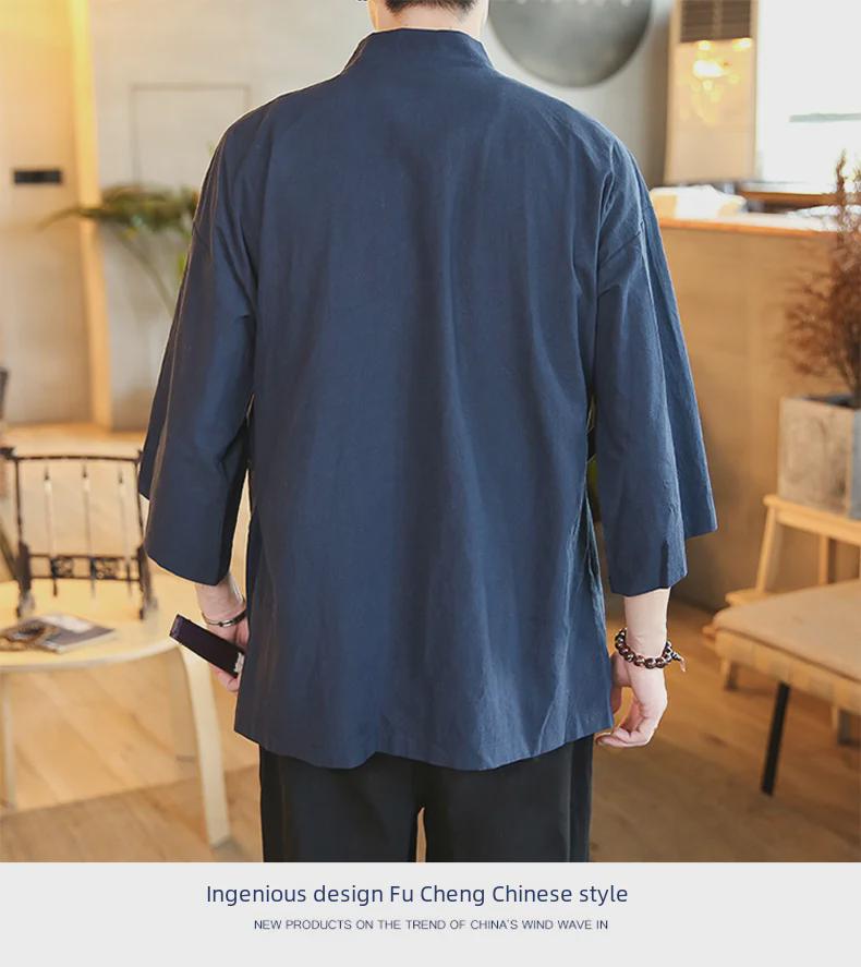 Three-Quarter Sleeve Hanfu Men's Traditional Taoist Robe - Chinese Style Zen Jacket
