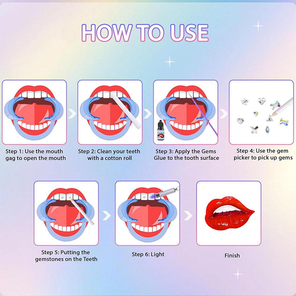DIY Teeth Gems Kit with Glue and Light Anti-drop Clear Precious Stone Tooth Jewelry Decoration Glittering Design Easy To Apply