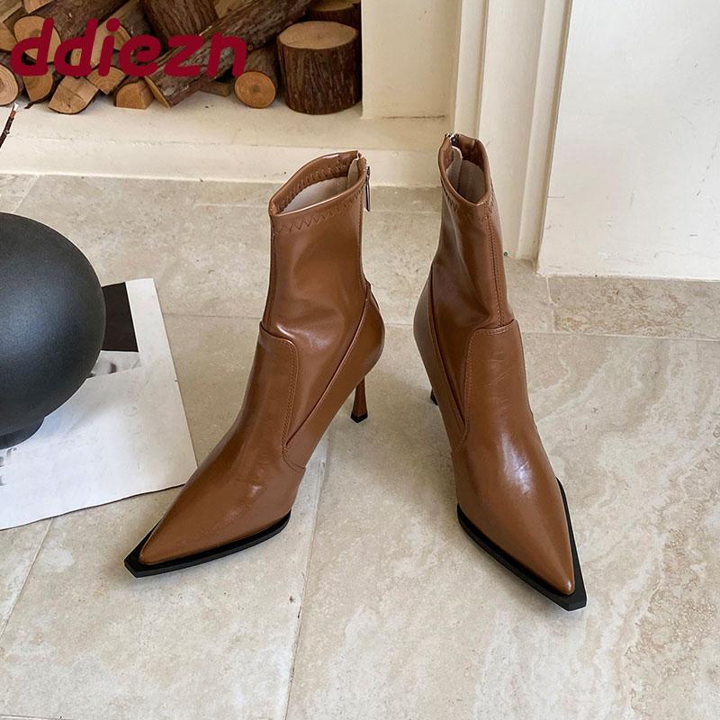 Mode Reißverschlüsse Mode Dünne Absätze Schuhe Damen Knöchel Stretch Stiefel Spitze Zehen Damen Kurze Moderne Stiefel Weibliche Pumps Schuhe