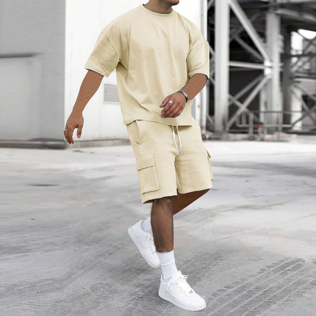 Men's Casual Short Sleeve T-Shirt and Cargo Shorts Set Lightweight Breathable Fabric Loose Fit Summer Outfit