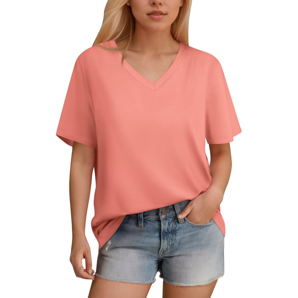Women's T-Shirt V Neck Short Sleeve Color Casual Loose T-Shirt Top