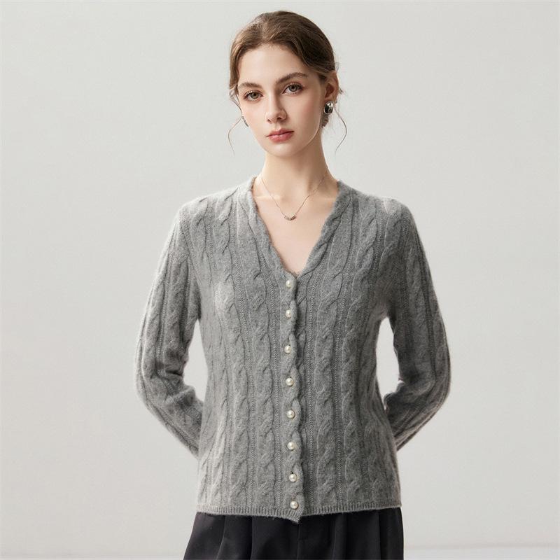 Lekasha Cashmere V-Neck Pearl Button Cable Knit Sweater Coat for Autumn and Winter