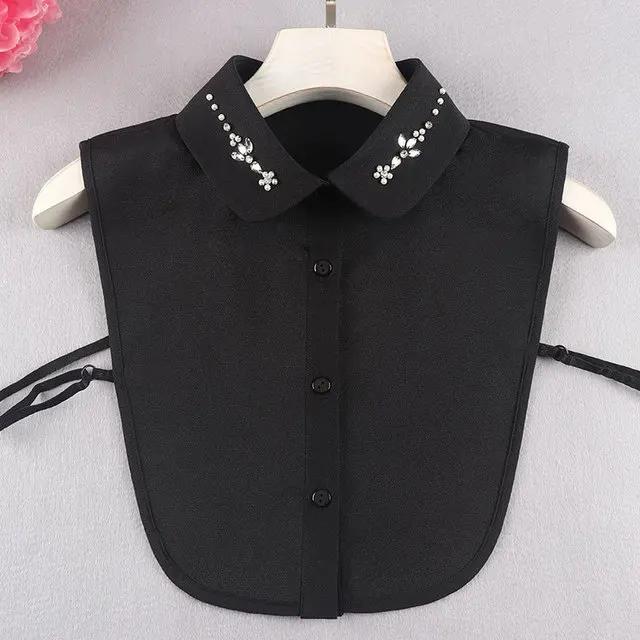 Fashion Ladies Fake Collar for Women Chiffon Fake Collar Rhinestone False Collar Lapel Detachable Button Half-Shirt Blouse Top