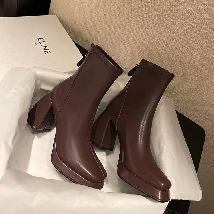 

Черные туфли-ботильоны на высоком каблуке с молнией сзади, женские осенне-зимние новые ботильоны с квадратным носком и толстым каблуком, водонепроницаемые ботильоны на платформе 40 коричневый