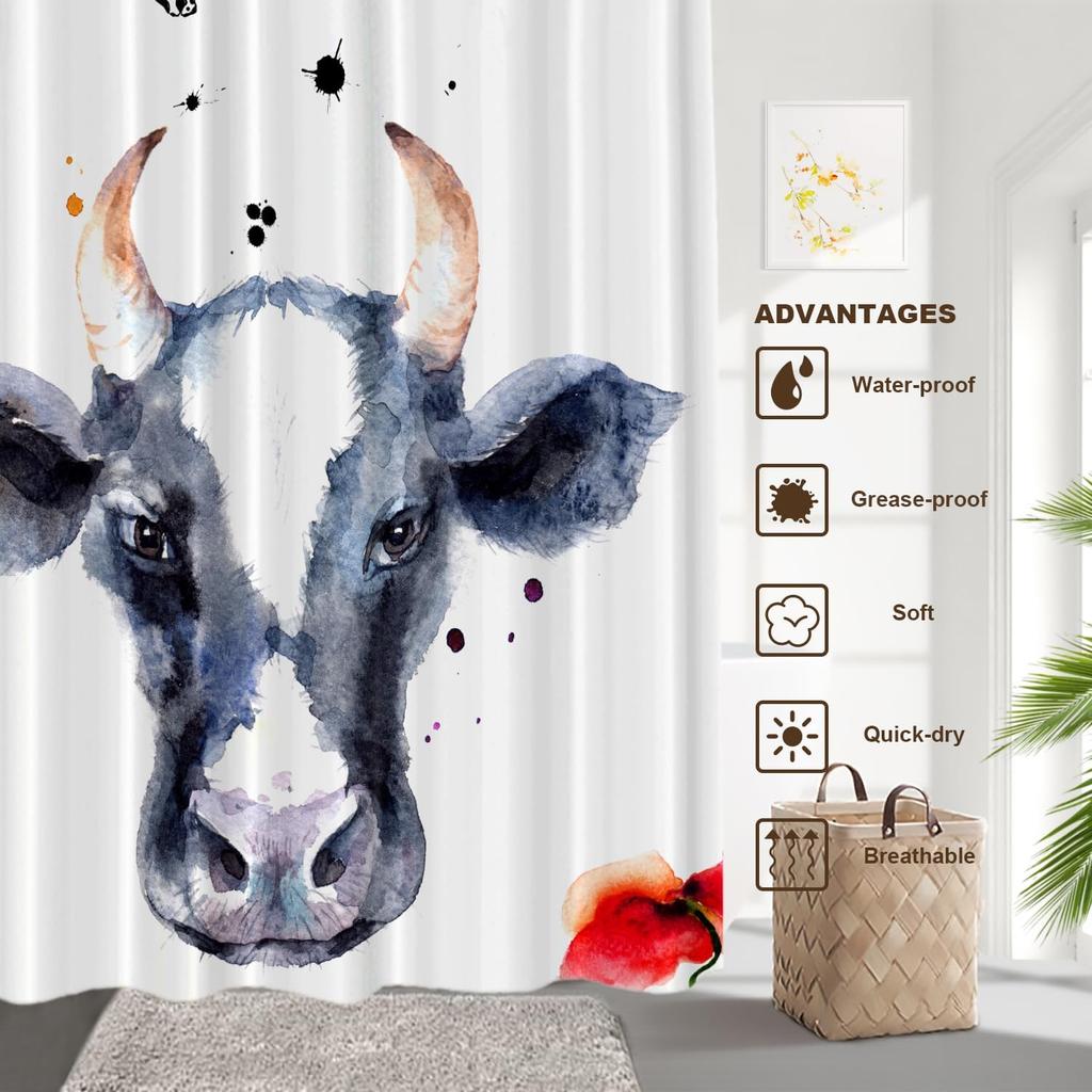 Shower Curtain Watercolor Cow Face Farmhouse Style Bath Decor Waterproof Fabric Boho Rustic Home Accessories Kitchen Living Room