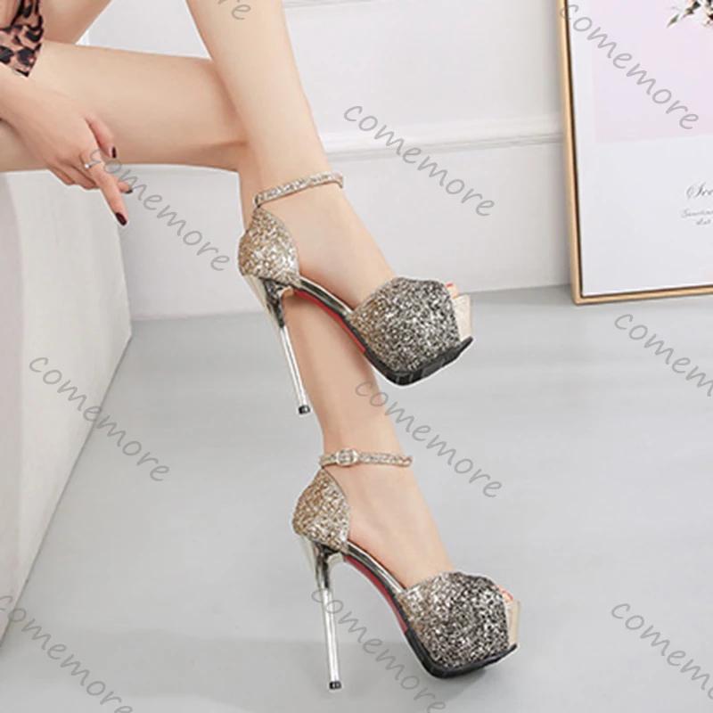 Fashion Comemore Summer Women Peep Toe Sandals Gradient Color Platform Bling Sequin High Heels 14CM Stiletto Nightclub Pole Dancing Shoe