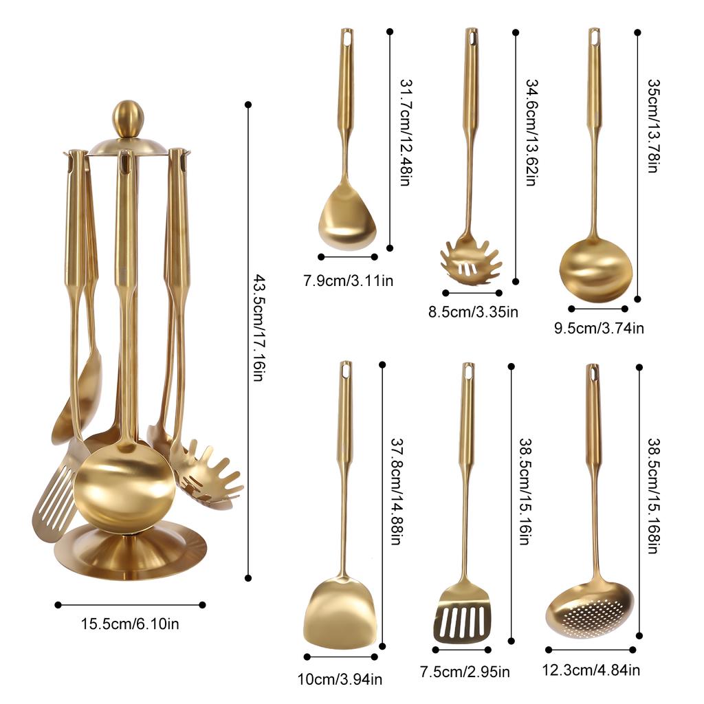7-Piece Gold Stainless Steel Kitchen Utensil Set with Holder Non Stick Pan Safe Cooking Tools Gift for Home Chef