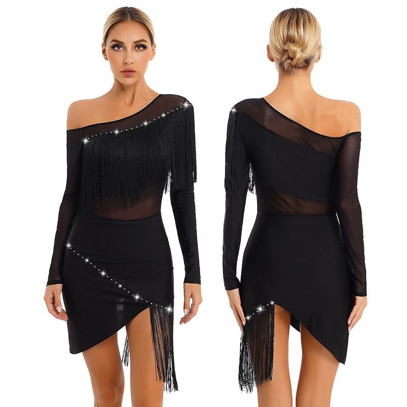 Fringed Dance Dress Sheer Mesh Patchwork Long Sleeve Irregular Hem Dresses for Tango Latin Cha-Cha Samba