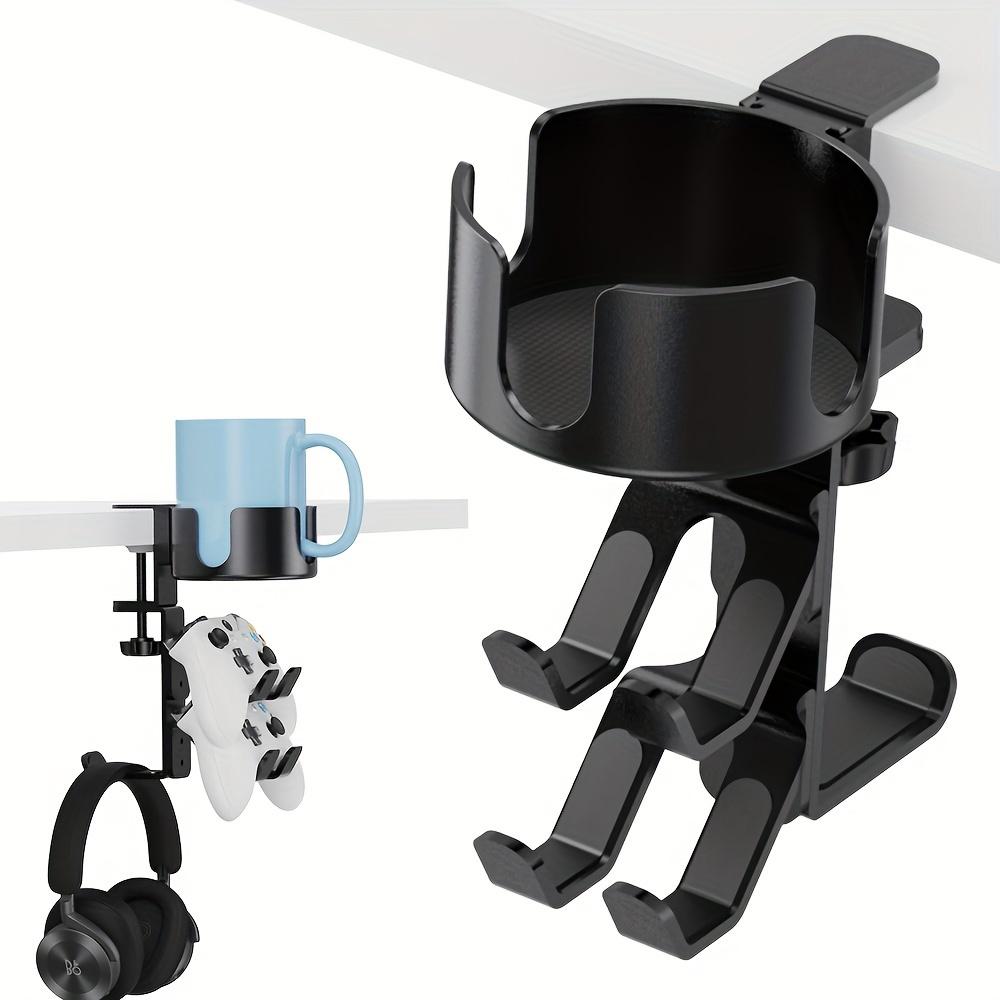 3-in-1 Under Desk Clamp Headphone Stand with Rotatable Hooks Metal Cup Holder Controller Display - No Drill Installation