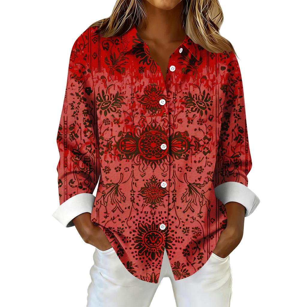 Women's Fashionable Casual Printed Long-Sleeved Button-Up Shirt