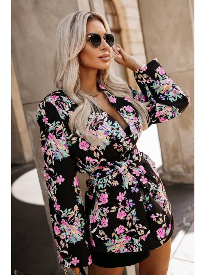 2024 Autumn Women's Leopard Print Tie-Waist Suit Collar Long Sleeve Coat - European & American Style