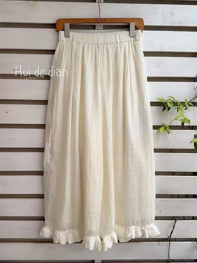 Johnature Lace Pants Loose Wide-Leg Pants For Women Summer Casual Simple Elastic Waist Nine-Part Pants
