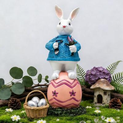 Cute Cartoon Easter Bunny Figurine Standing Lovely Sculpture Bunny Egg Statue Handmade Egg Rabbit Ornament Garden Decor