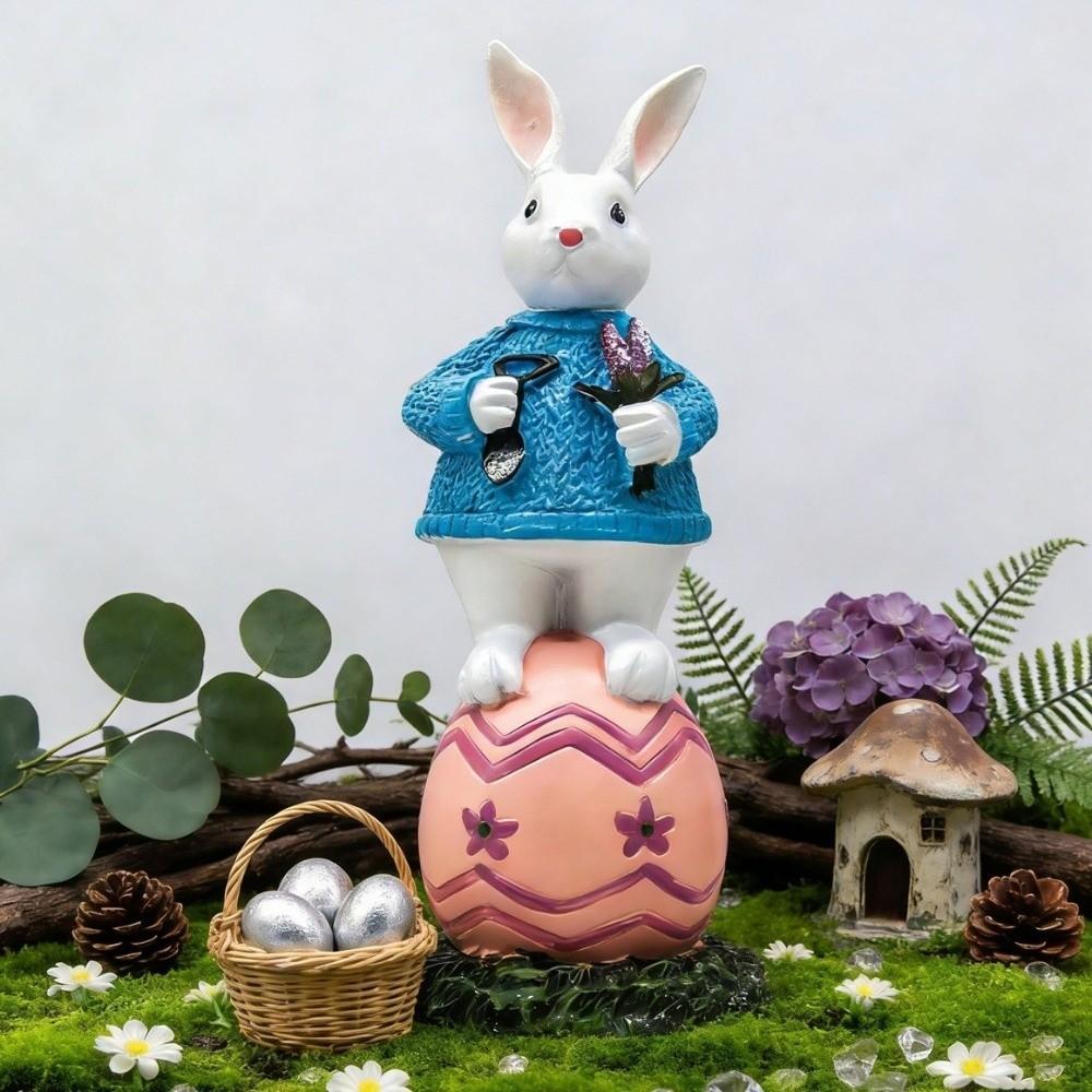 Cartoon Easter Bunny Figurine Handmade Standing Bunny Egg Statue Lovely Sculpture Resin Rabbit Sculpture Easter Party