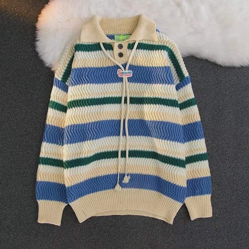 2023 Fashion Rainbow Striped Collar Knit Sweater - Casual, Versatile, Loose Fit for Couples, Perfect for Spring and Autumn.