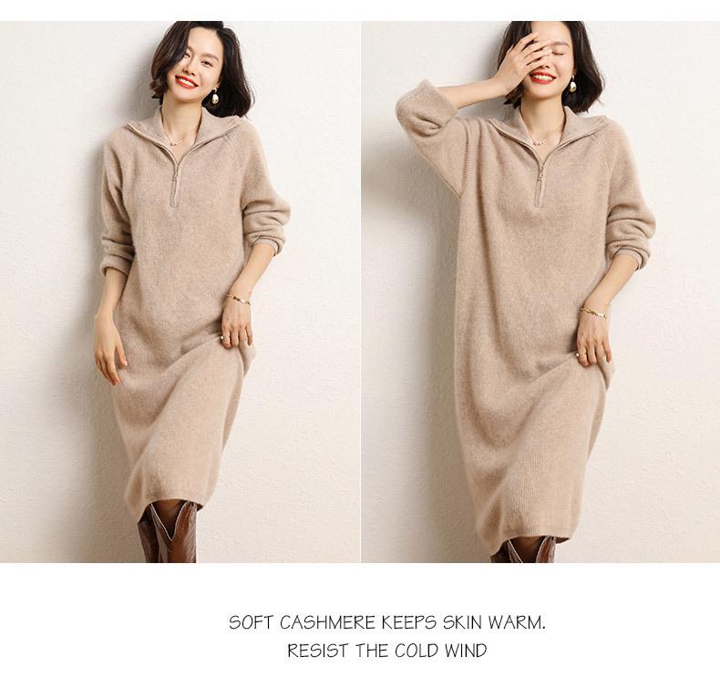 Women's 2024 Autumn Half-Zip Lapel Cashmere Wool Knee-Length Knit Dress