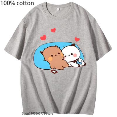 DuDu Björn och BuBu Panda Natt Dagar T-shirt Sommarkläder Dam Kawaii Panda Björn T-shirts 100% Bomull Topp Koreansk Stil Herr