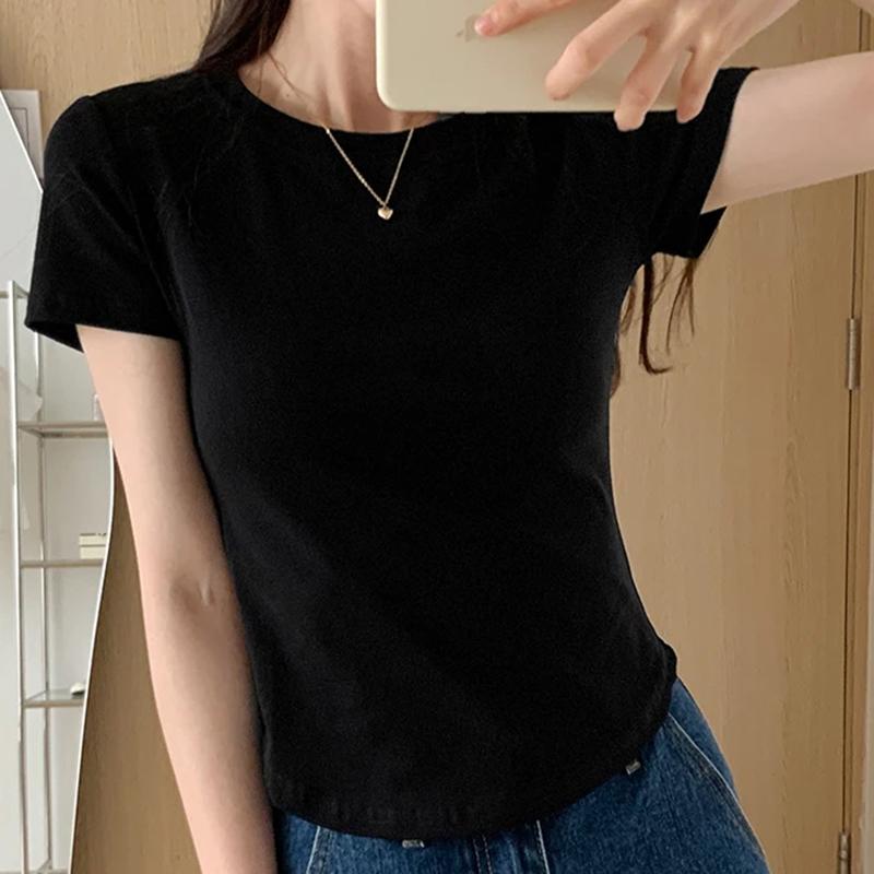 Summer Irregular Solid T Shirts Women‘s O-neck Short-sleeve White T-shirt Casual Slim Elastic Skinny Y2k Crop Tops Women Clothes
