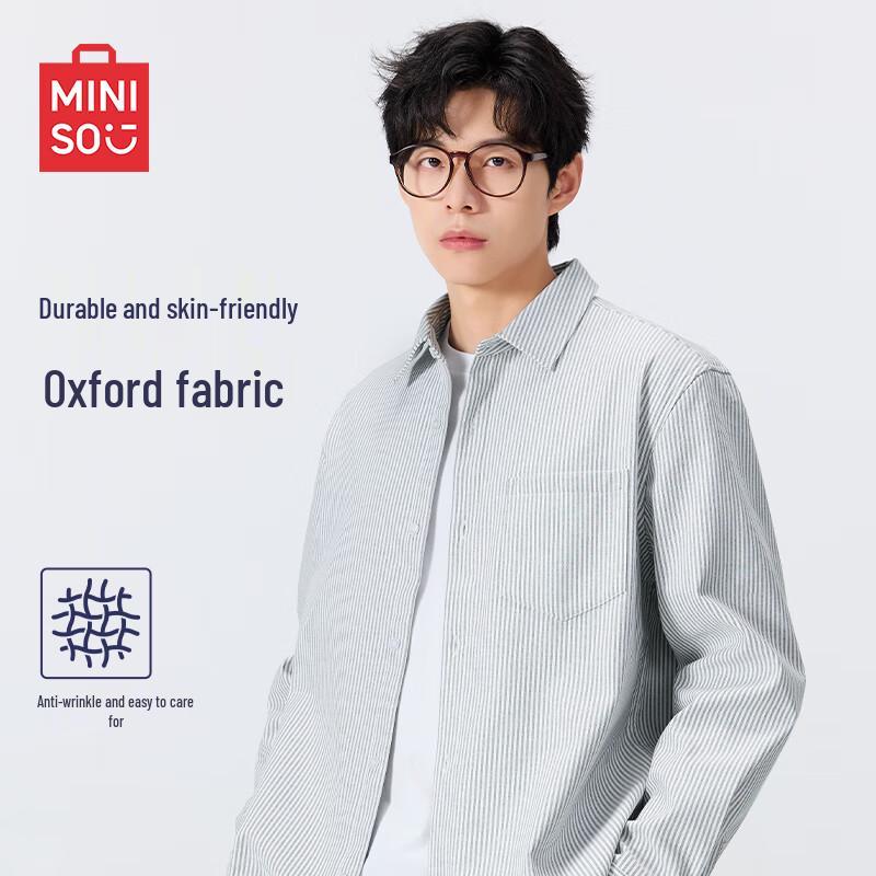 MINISO Men s Japanese Style Oxford Striped Long Sleeve Casual Shirt 3XL