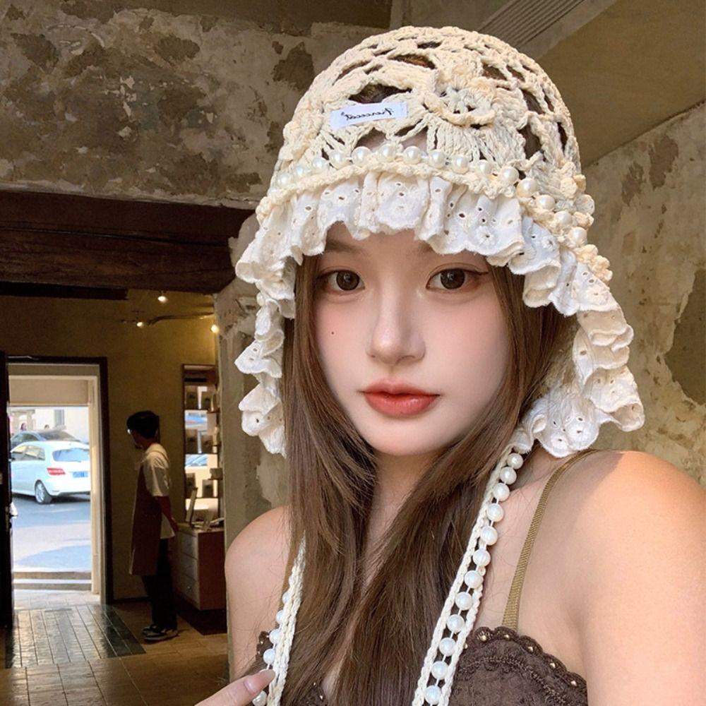 Pearl Tassels Lace Beanies Hollow Out Knit Cap Cute Crochet Flower Knitted Hat  Apparel Accessories