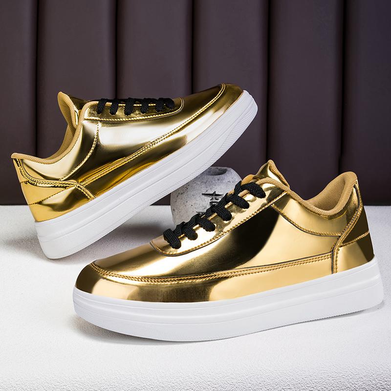 Fashion Men Shoes Lacquer Leather with Shiny Surface and Thick Base Fashion Casual Sport Lamp Party Golden Black Boots Flats Sneaker