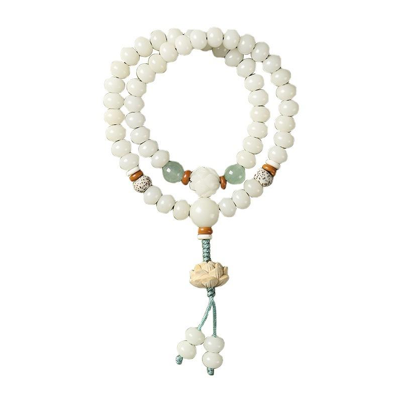 Natural White Jade Bodhi Root Vintage Chinese Style Women's Versatile Hand Jewelry Bead Bracelet with Double Circle Lotus Pendant