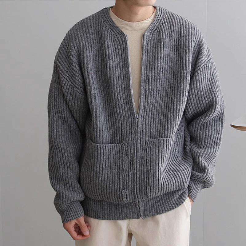 Men's Round Neck Solid Color Knitted Cardigan - 2023 Casual Autumn/Winter Fashion, All-Match, Large Size Trendy Jacket