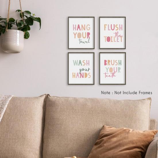 HRQKO Pink Wash Your Hands Wall Art Poster Prints Set of 4,Pink Bathroom Wall Decor, Kids Bathrooms Artwork Print Posters Wall Decor, Girls Bathroom