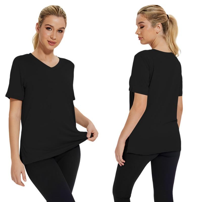 Women s Plus Size Solid V Neck Short Sleeve Side Split Casual T-Shirt S чёрный