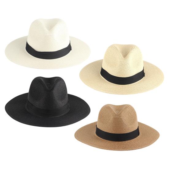 Straw Hat High-Density Natural Straw Fabric Lightweight Breathable Sun Protection Wide Brim Flat Top Summer Hat