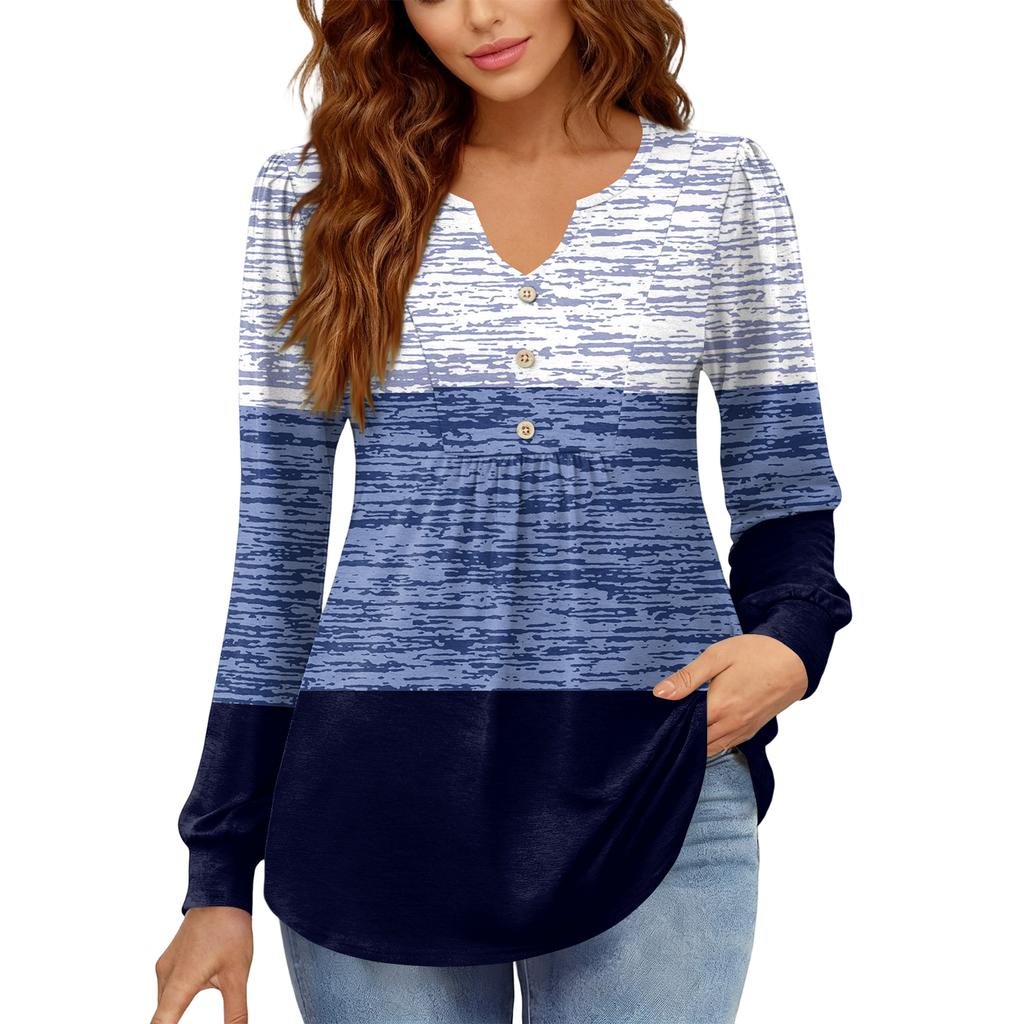 Women's Relaxed,Fit V,Neck Vintage Color,Blocked Floral Print Long,Sleeve Pullover Tee