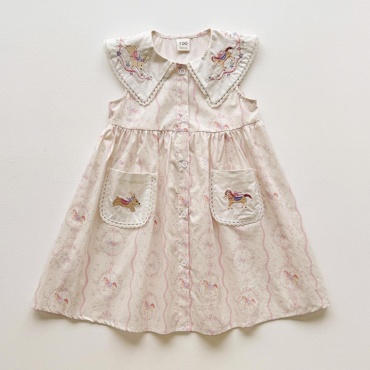 Girls Summer Floral Sleeveless Dress With Collar And Lace Trim Cute Casual Party Sundress For Kids 90cm