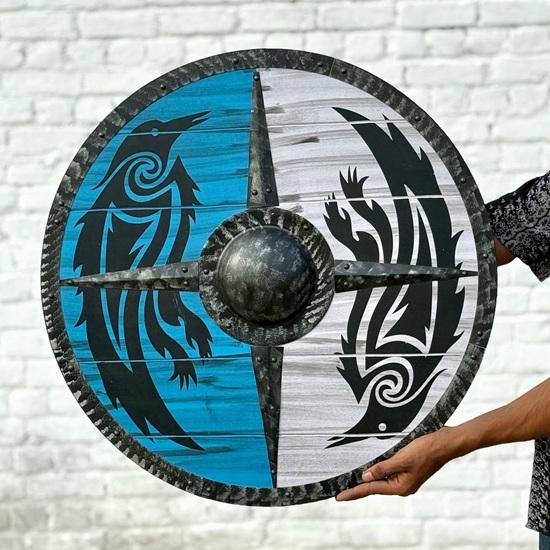 

60.96 см Ручной работы Деревянный щит викинга с племенным дизайном ворона Синий Белый Круглый Щит для LARP Скандинавский Косплей Реквизит Настенный декор Подарок
