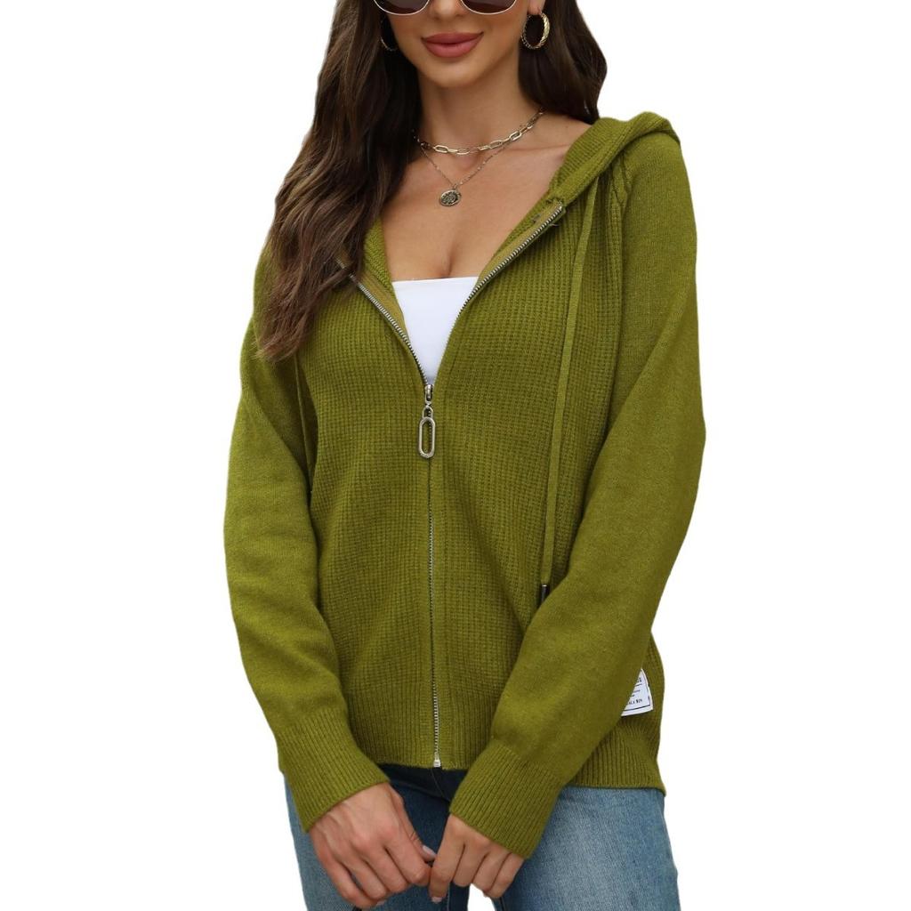 Cárdigan de punto para mujer, color sólido, con capucha, cremallera, suéter de punto, otoño e invierno, suéter con cordón, chaqueta cárdigan para mujer