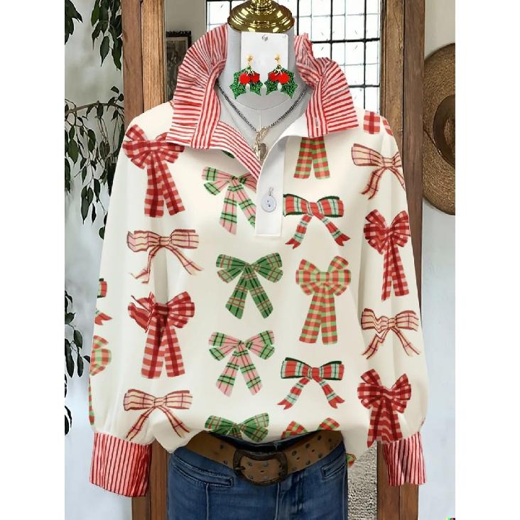 Women's Retro Christmas Pattern Blouse - Turn-Down Collar Long Sleeve, Loose Casual Silhouette, Festive Gift Tree Print Top Suitable for Fall/Winter
