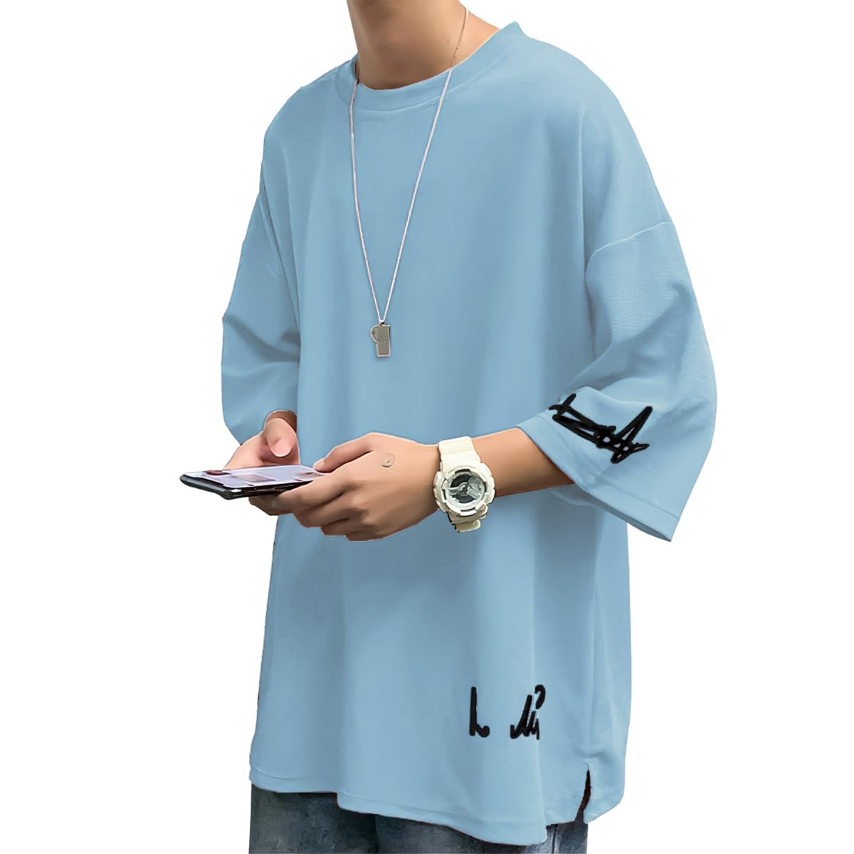 

короткий длинный большой круглый свободный летняя одежда для мужчин [FLYSKY] Мужские футболки, рукава, рукава, размеры, рукава 3/4, однотонные, быстросохнущие, дышащие,