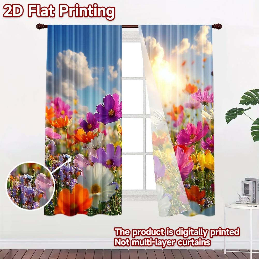2D Flat Printing 2pcs Curtains Cosmos Flowers Field Sunny Day Digital Printed Polyester Drapes Family Party Decoration for