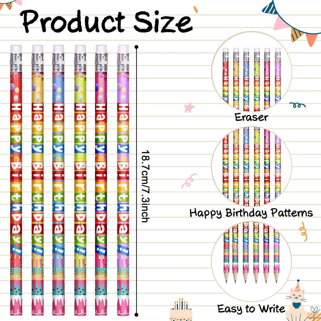 48 Pcs Happy Birthday Pencils Colorful Birthday Pencil for Students Teacher Wooden Pencils with Erasers Birthday Party Supplies, 6 Style(48)
