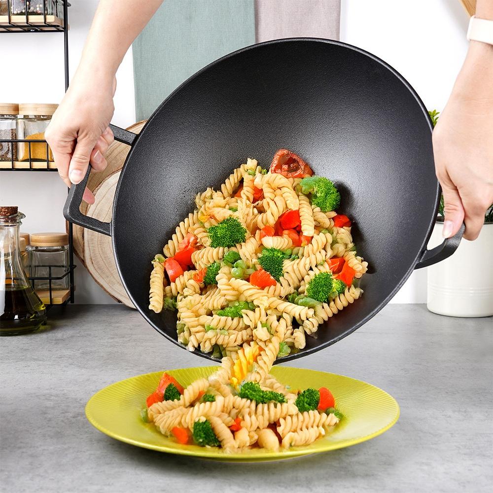 Wok in Ghisa Padella Profonda per Friggere e Stufare Piatti Asiatici 32 Cm