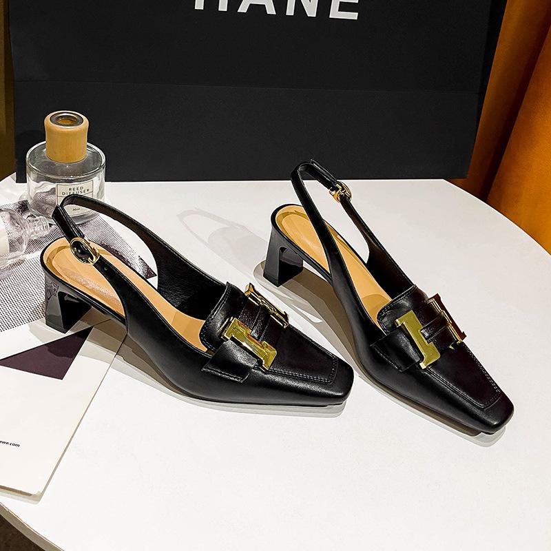 Baotou sandals women's square head one-word buckle high heels new leather thick heel empty single shoes