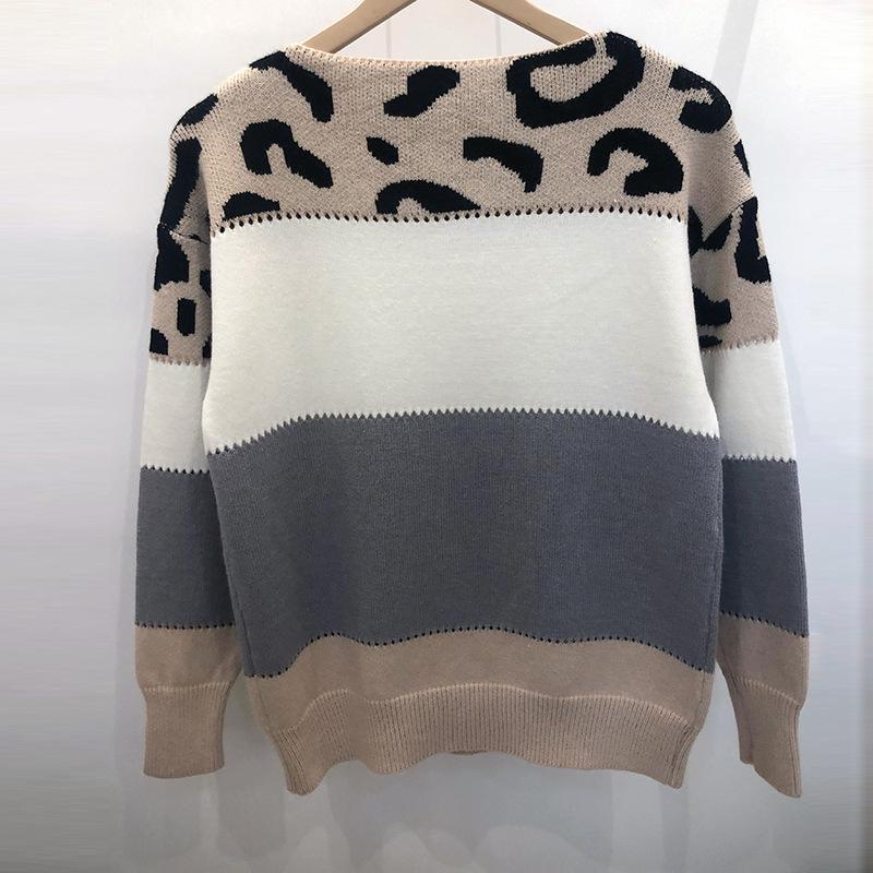 Striped Leopard Print Round Neck Pullover Sweaters Women Fashion Loose Vintage Knitted Sweater Woman Autumn Long Sleeve Casual Winter Clothing 25142