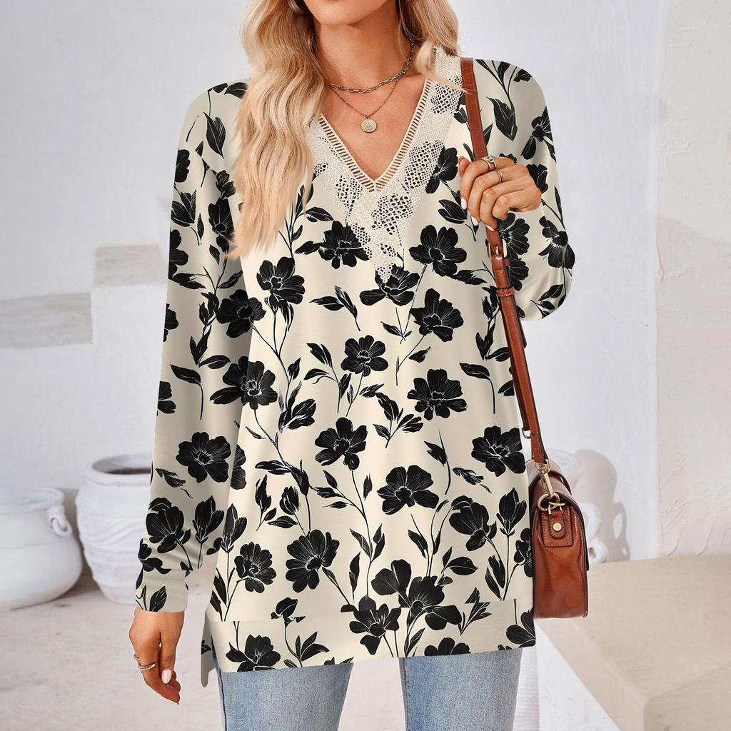 Womens Tops Loose V-neck Contrast Color Split Loose Long Sleeve T-shirt Women's Tops