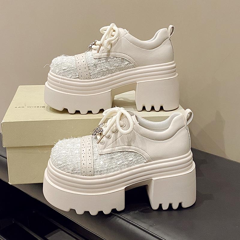 Fashion 9.5CM Spring Women Bling High Heels New 2025 Platform Casual Walking Shoes Non-slip Wedges Leather Chunky Sneakers Lace-up Pumps
