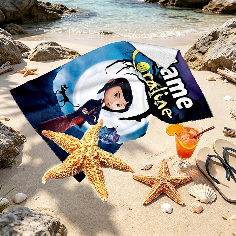 Custom Name Personalized Coraline Print Beach Towel, for Trip Camping Beach Party Home Decor, Birthday Gift for Family & Friends
