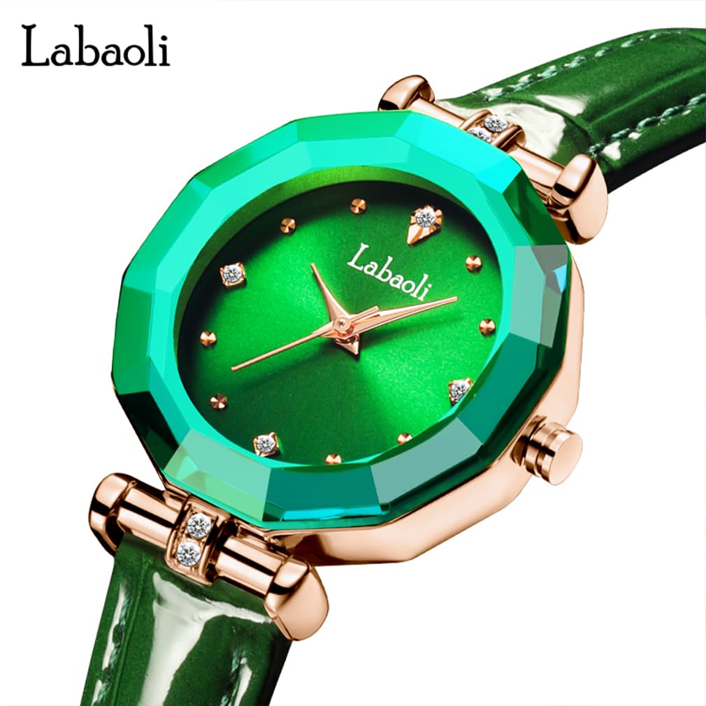 Stylish and Cute Crystal Watch for Women with a Leather and a Lovely Gift for Strap. Waterproof, Brand-name, Business-friendly, Her. Green.
