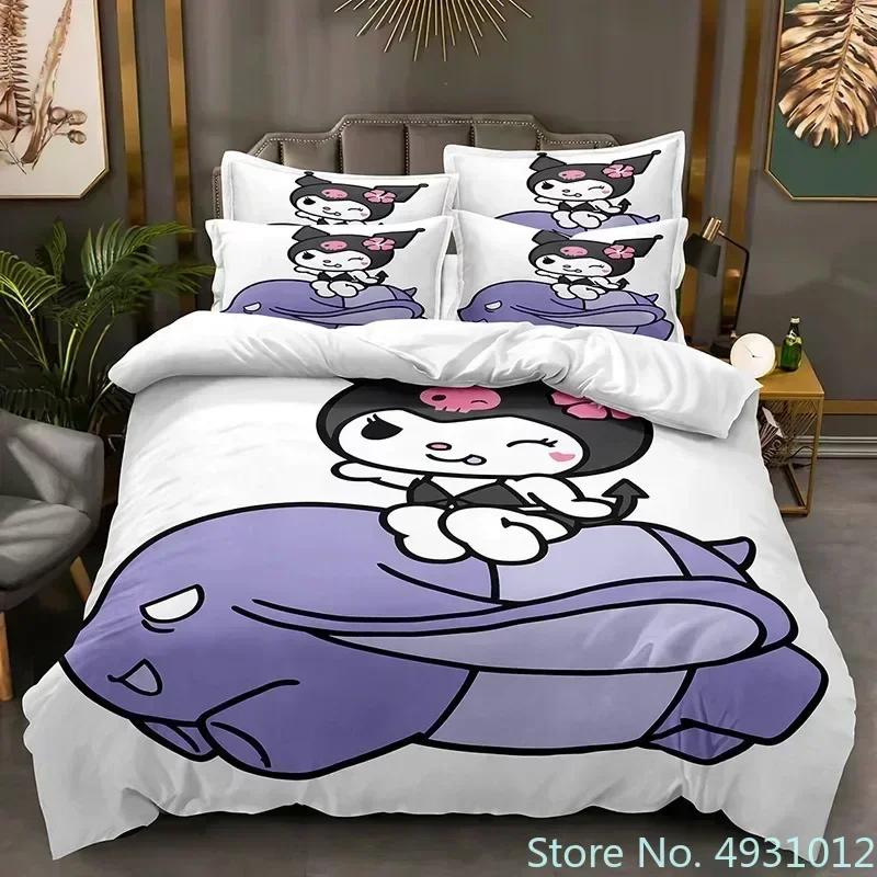 Sanurgente Kuromi Melody Bedding Set Pillowcase Anime Bedclothes Cartoon 3D Printed Kids Adult Boys Quilt Duvet Cover Gift
