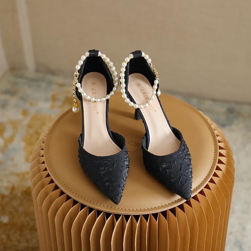 Women High Heeled Sandals Beads Hollow Shoes Pointed Head Shallow Mouth Stiletto High Heels Single Shoes Women Banquet Shoes
