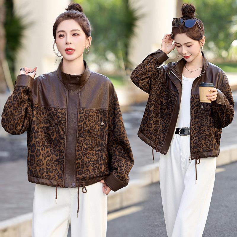 

Кардиган пэчворк с леопардовым принтом Весна 2025 - Женская универсальная куртка кэжуал с длинным рукавом и воротником-стойкой MQ675 L: 110-125 jin цветной печати леопарда