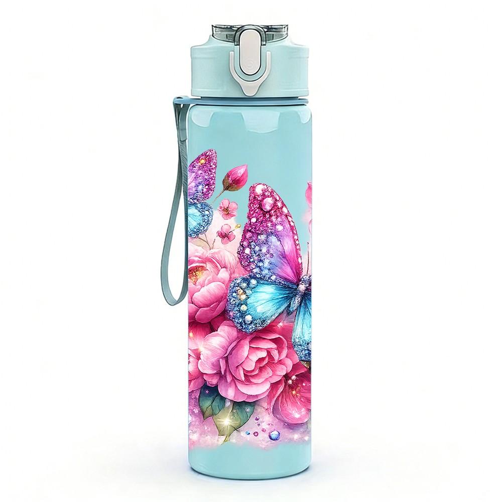 1PC Pink Rose Boho Floral Bouquet Art 750ml Color Plastic Sports Water Bottle Leakproof Flip Straw Lid Suitable for Sports Office Home Use