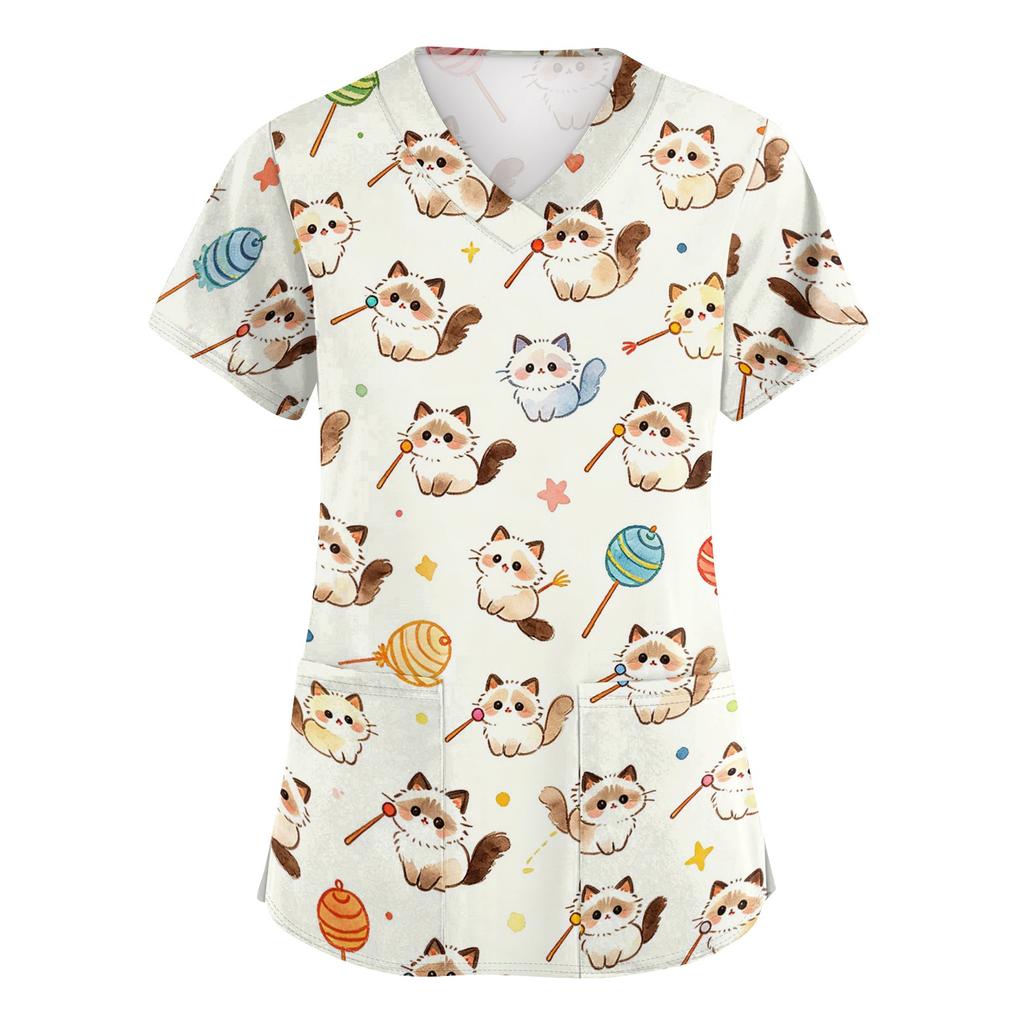 Women V Neck Short Sleeve Work Top with Pockets Animal Print Medical Scrub Shirt Comfortable Fit Durable Fabric Suitable for Healthcare Professionals